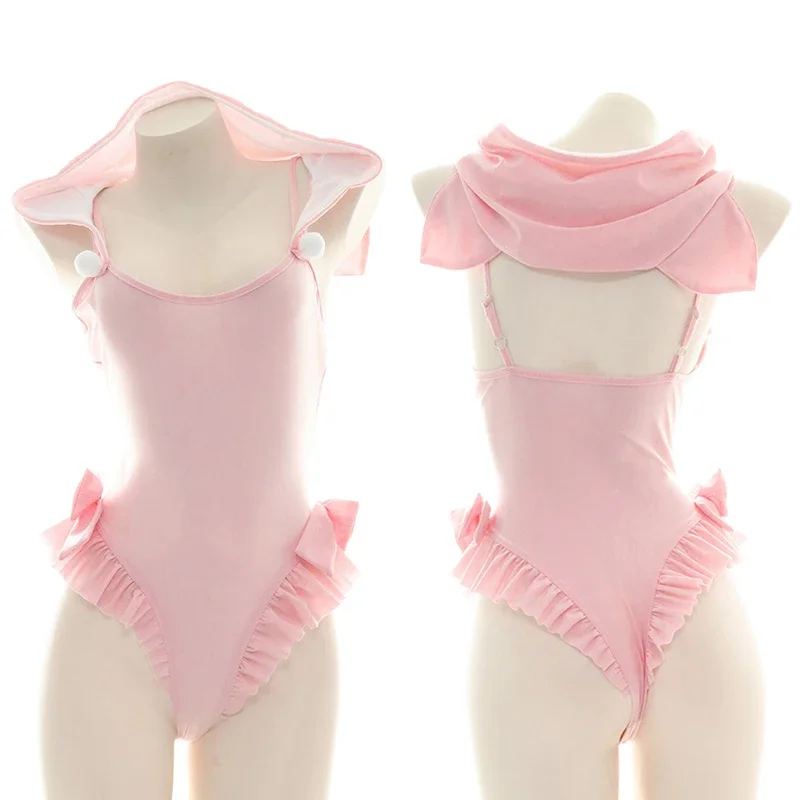 Cute Cat Ears Bodysuit Cosplay Swimsuit Lolita Girl Sweet Pink Ruffle One-piece Swimwear Backless Neko Hooded Lingerie Drop Ship