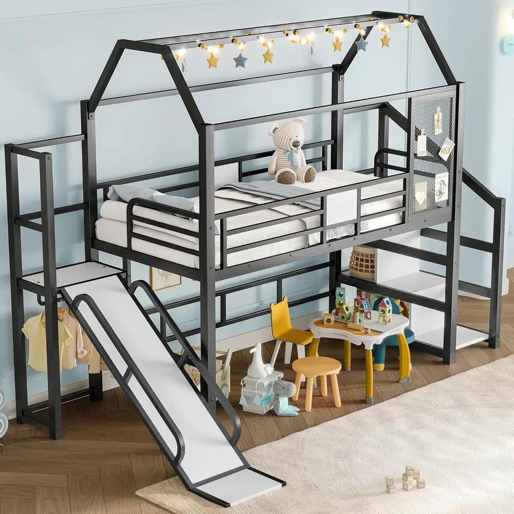 

Twin Size Metal Playhouse Bed with Slide, Stairs, and Storage for Kids, Black/S2