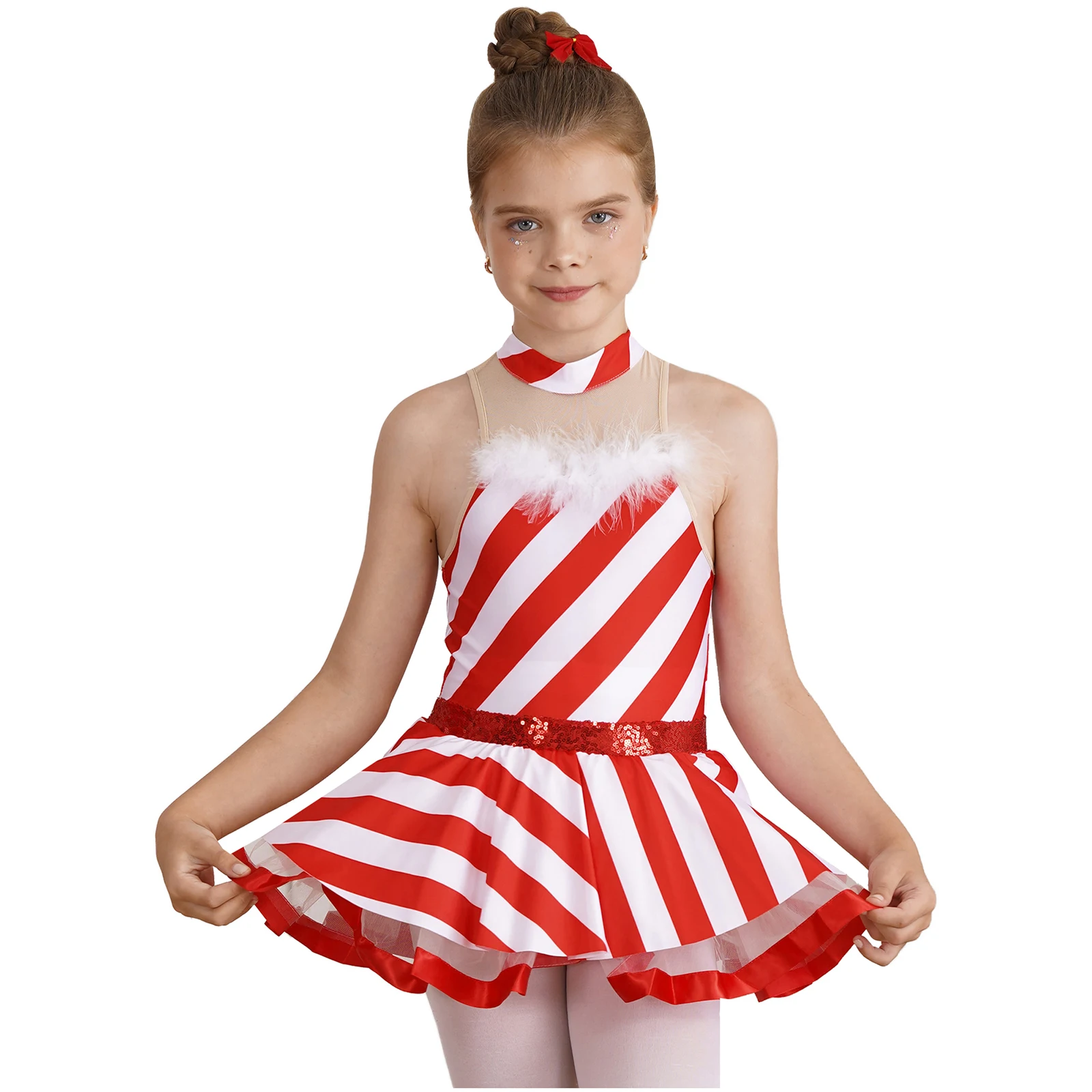 Girls Mrs Santa Claus Christmas Tutu Dress Candy Cane Stripe Skating Dance Performance Costume Leotards Ballet Xmas Party Dress