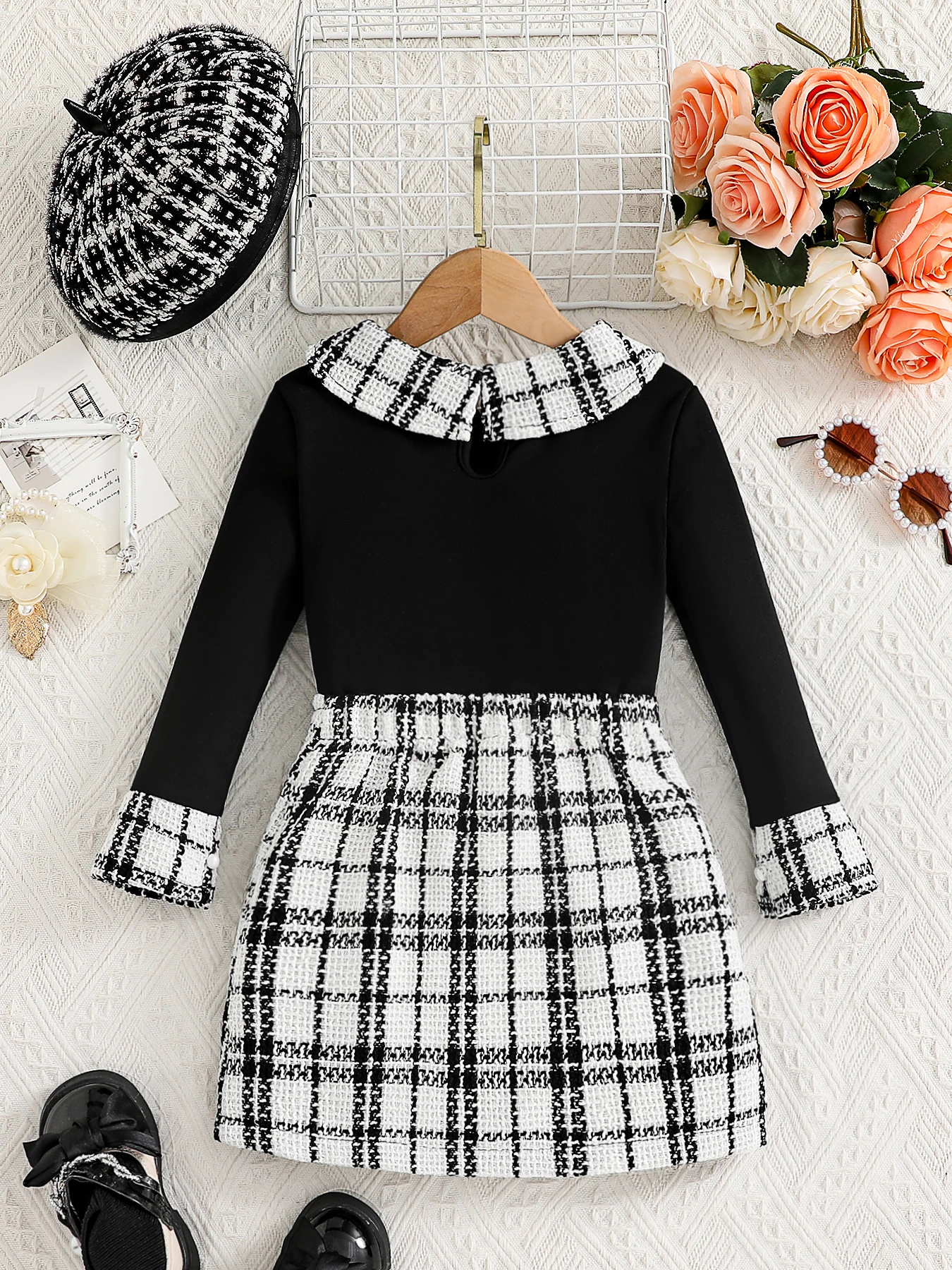 Spring and Autumn Hot Kids' Set, Girls' Fashion Collar, Plaid Long Sleeve Top, Plaid Bag Hip Skirt, 2-piece Set