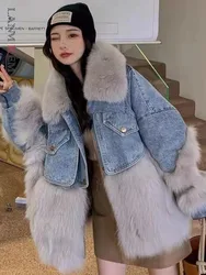 LANMREM Korean Style Faux Fur Spliced Coat Women Contrast Color Denim Patchwork Loose Warm Jackets Fashion Winter New 2VV251