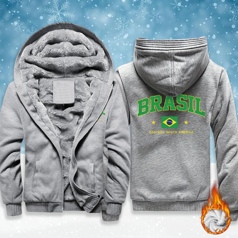 

Brasil Eastern South America Print Men Fleece Soft Jackets Thicken Warm Hoody Comfy Winter Outwear Zip-Up Pocket Unisex Veste