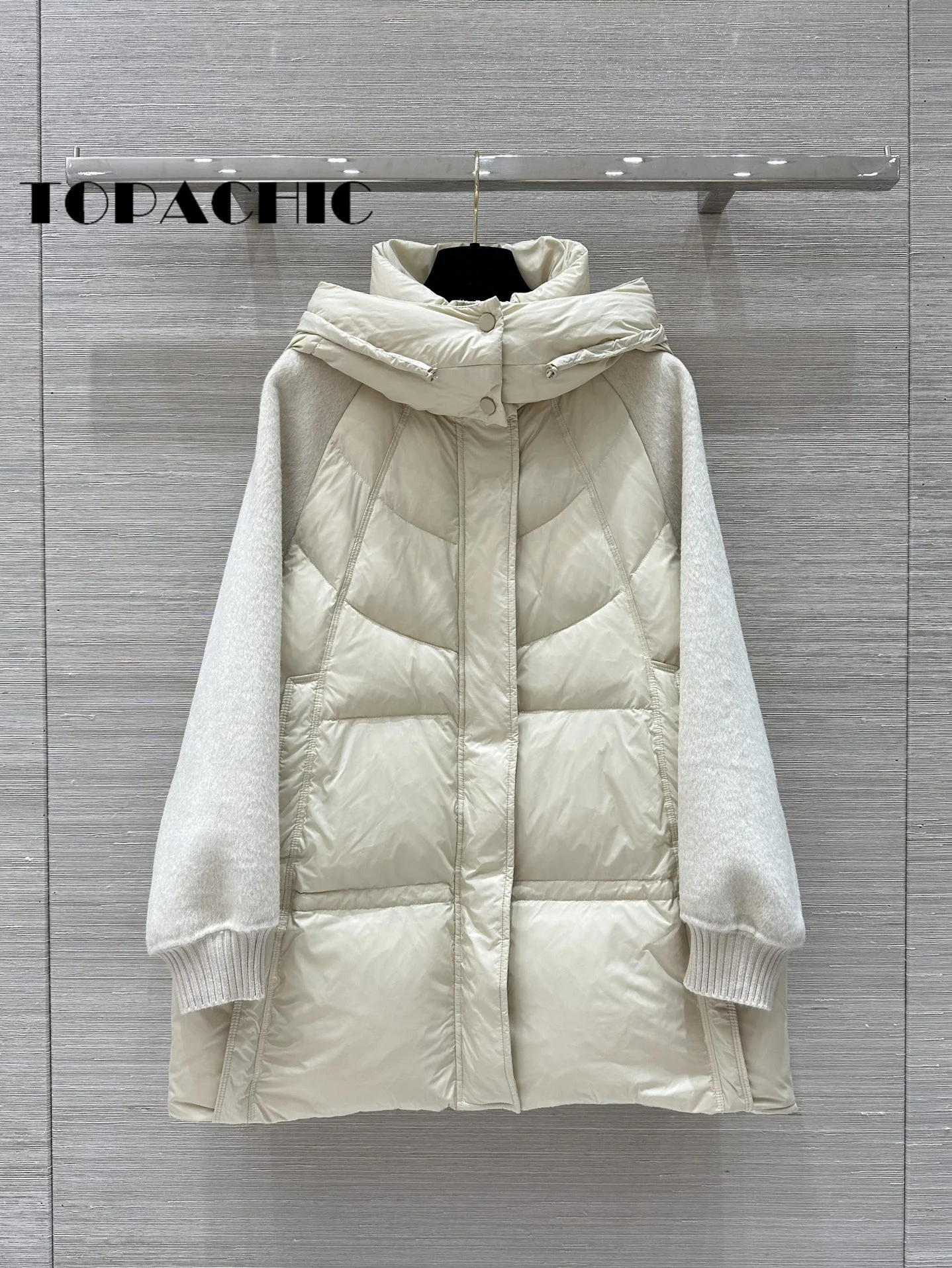 10.7 TOPACHIC-Women Knit Cuff Double-Sided Wool Spliced Hooded Quilted Mid-Length Outerwear White Duck Down Loose Zipper Jacket