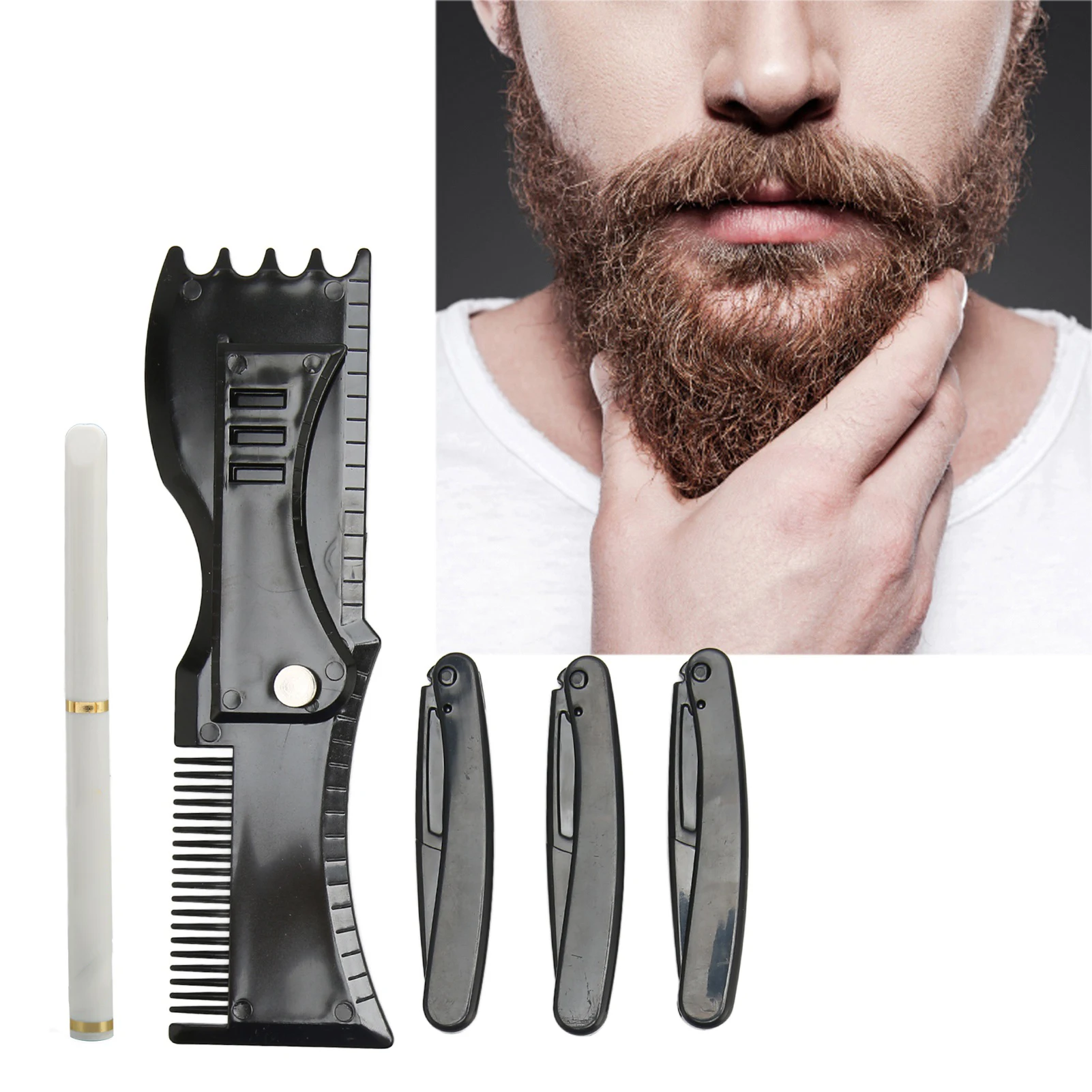 Beard Shaper Tool Set Trimming Grooming White Barber Pencil Black Beard Stencil Guide Template Kit