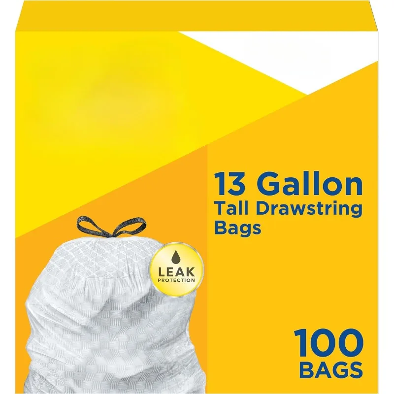 

Tall Kitchen Drawstring Trash Bags, 13 Gallon, White, Unscented,100 Count (Package May Vary)