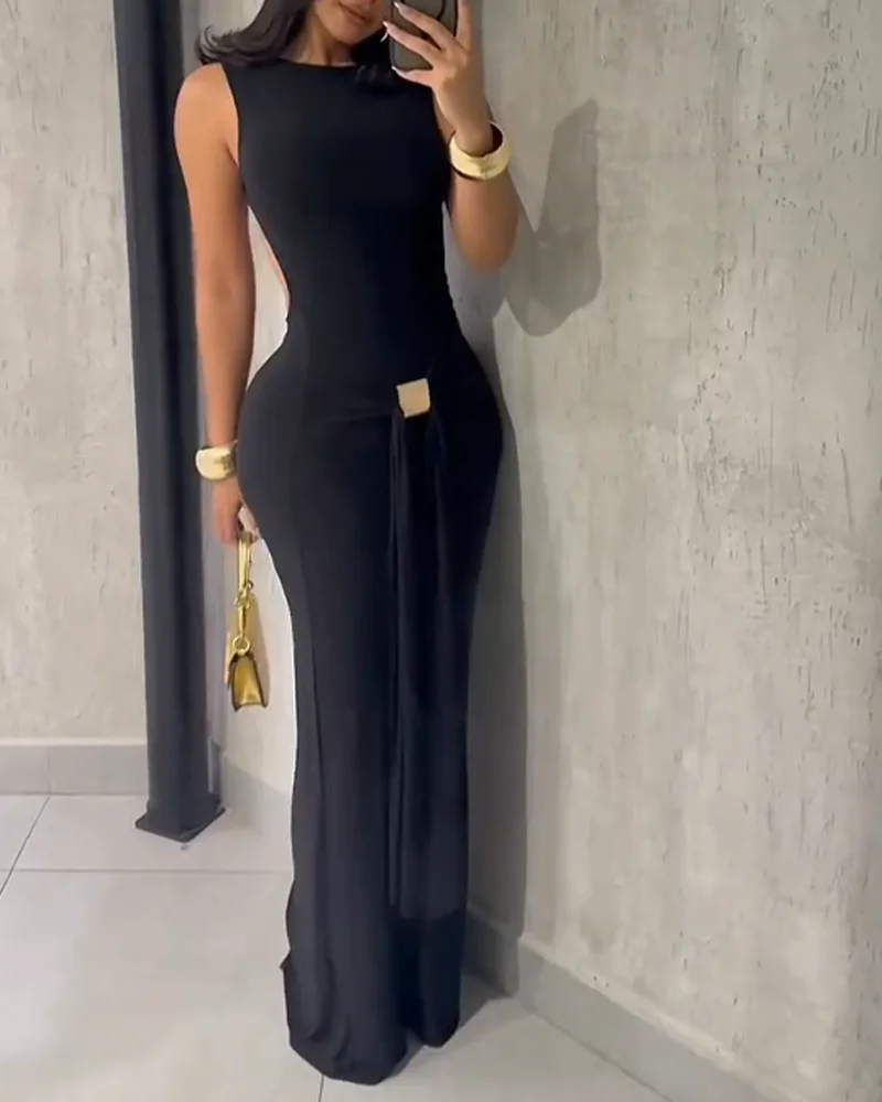 Robe longue bordeaux sans manches pour femmes, découpe sur le côté, avec nœud d'accent doré, moulante, ourlet sirène, robe de soirée pour fêtes formelles