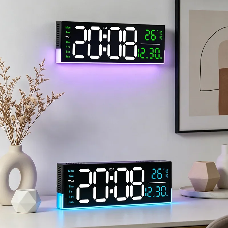 Large Digital Wall Clock with Mood Light TEMP Date Week 2 Alarm Auto Dimming Count-up Countdown Table Clock 12/24H DST LED Clock