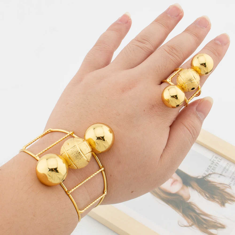 African Gold Color Jewelry Set for Women Beads Design Cuff Bangle and Ring Dubai Weddings Bride Jewelry Set Accessories Gifts