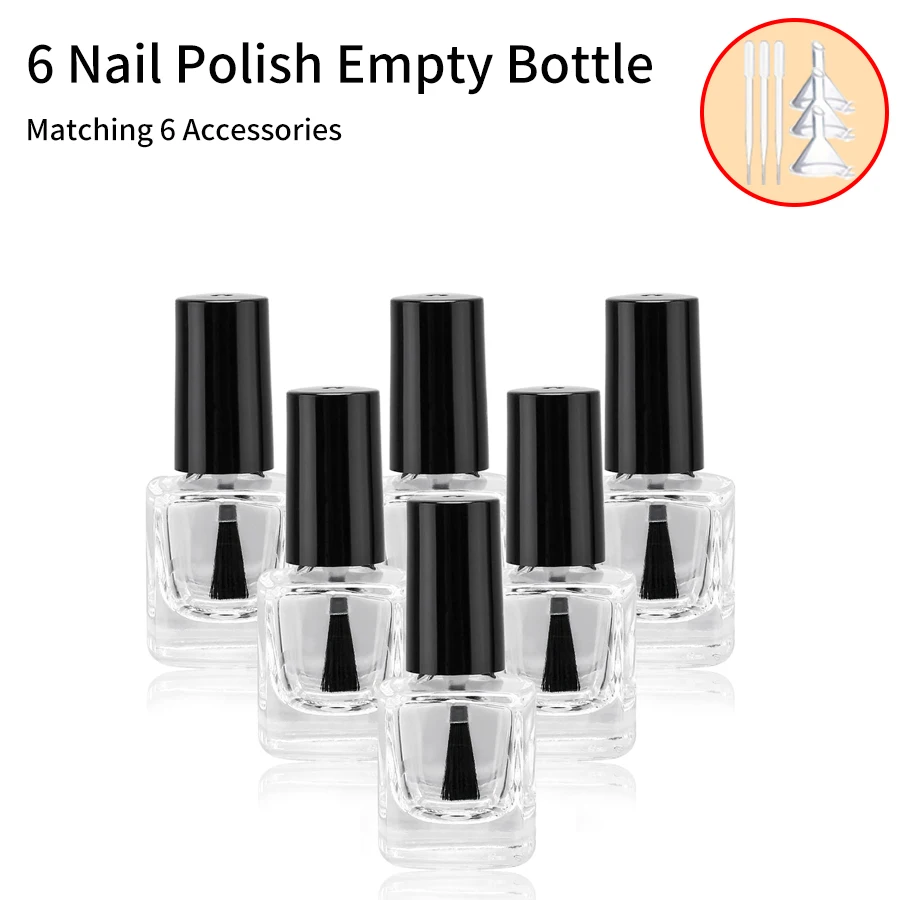 6 pezzi + 6 accessori Bottiglie vuote per smalto con imbuto a pennello con 6 bottiglie per smalto, 3 imbuto, 3 contagocce, 5 ml