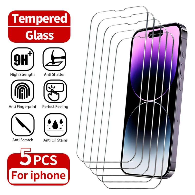 5Pcs Tempered Glass For iPhone 15 14 13 12 11 Pro Max Mini X XS XR 7 8 6 Plus Screen Protectors Film For iPhone SE 2020 2022