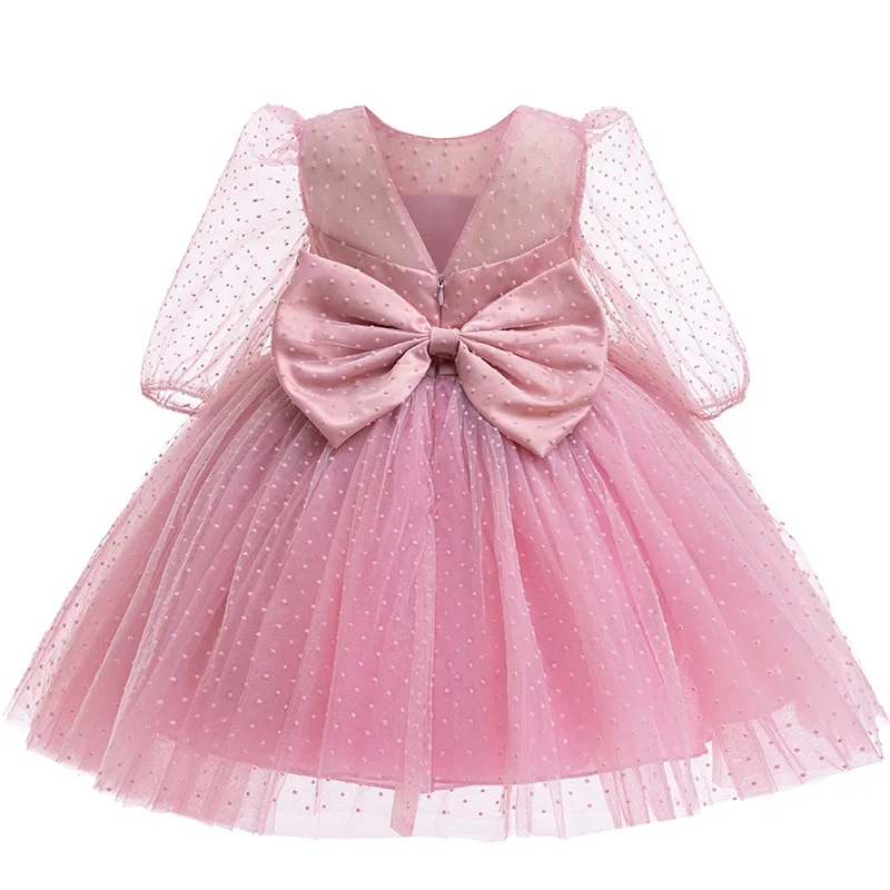 Flocked Polka Dots Baby Girls Dress Summer Mesh Fashion Bow Little Princess Dress Christmas Birthday Gift 1-6 Years Kids Clothes