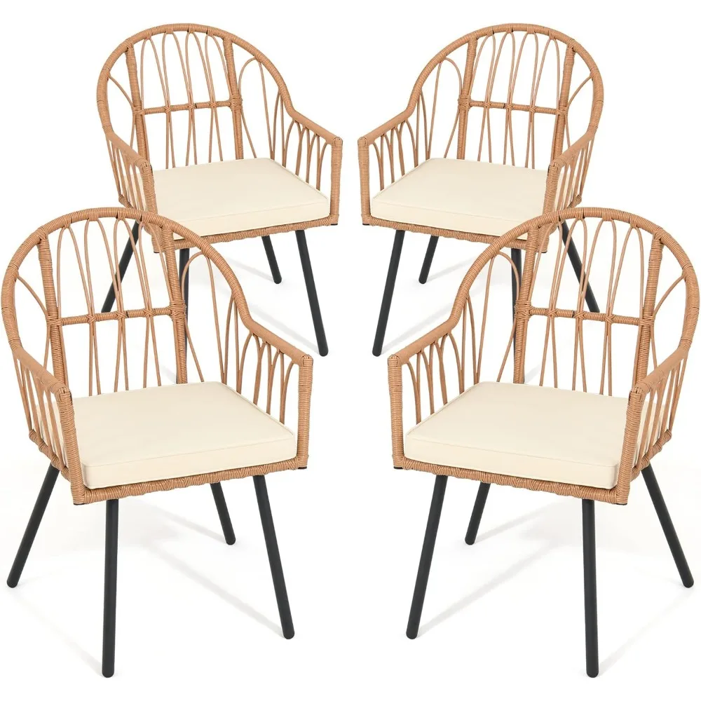 

4-х предметные плетеные обеденные стулья из ротанга, набор мебели для патио в помещении и на открытом воздухе с подушкой и изогнутой спинкой, всепогодный стул для бистро