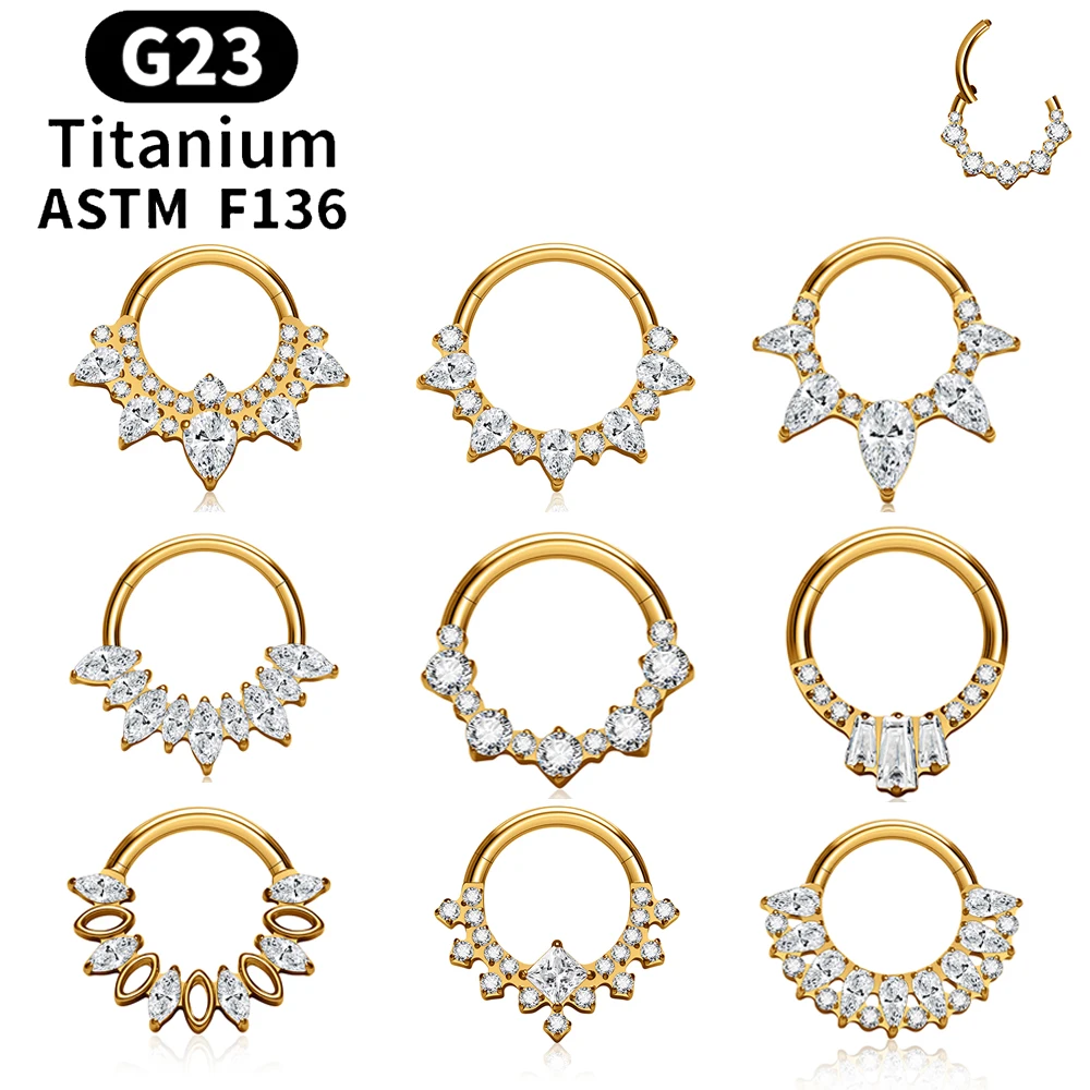 ASTM F136 Titanium 16G Pear CZ Nose Ring Hinged Clicker Septum Hoop Daith Earring Tragus Conch Helix Cartilage Piercing Jewelry