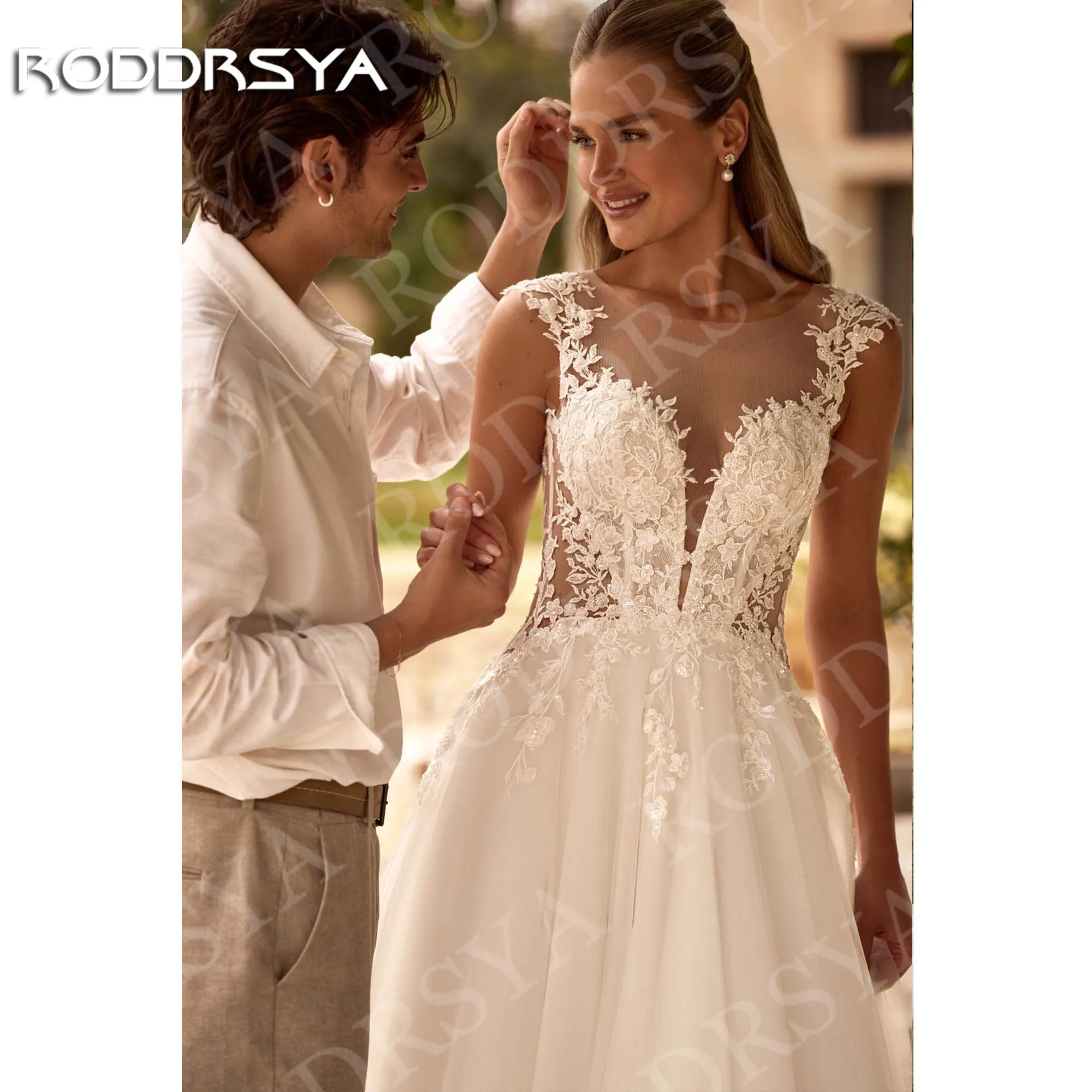 RODDRSYA فستان زفاف بوهو رومانسي الوهم الخلفي الدانتيل يزين ألف خط فساتين زفاف الأكمام كاب مخصصة الرومانسية بوهو فستان الزفاف وهم الظهر الدانتيل تطبيقات خط فساتين العروس كاب أكمام مخصصة