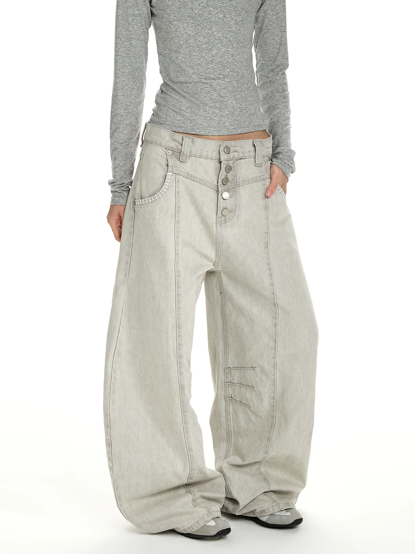 

a PUEE Deconstructed Design Workwear Pants Washed A-Line Straight Leg Old-Made Cotton Casual Trousers for Young Men