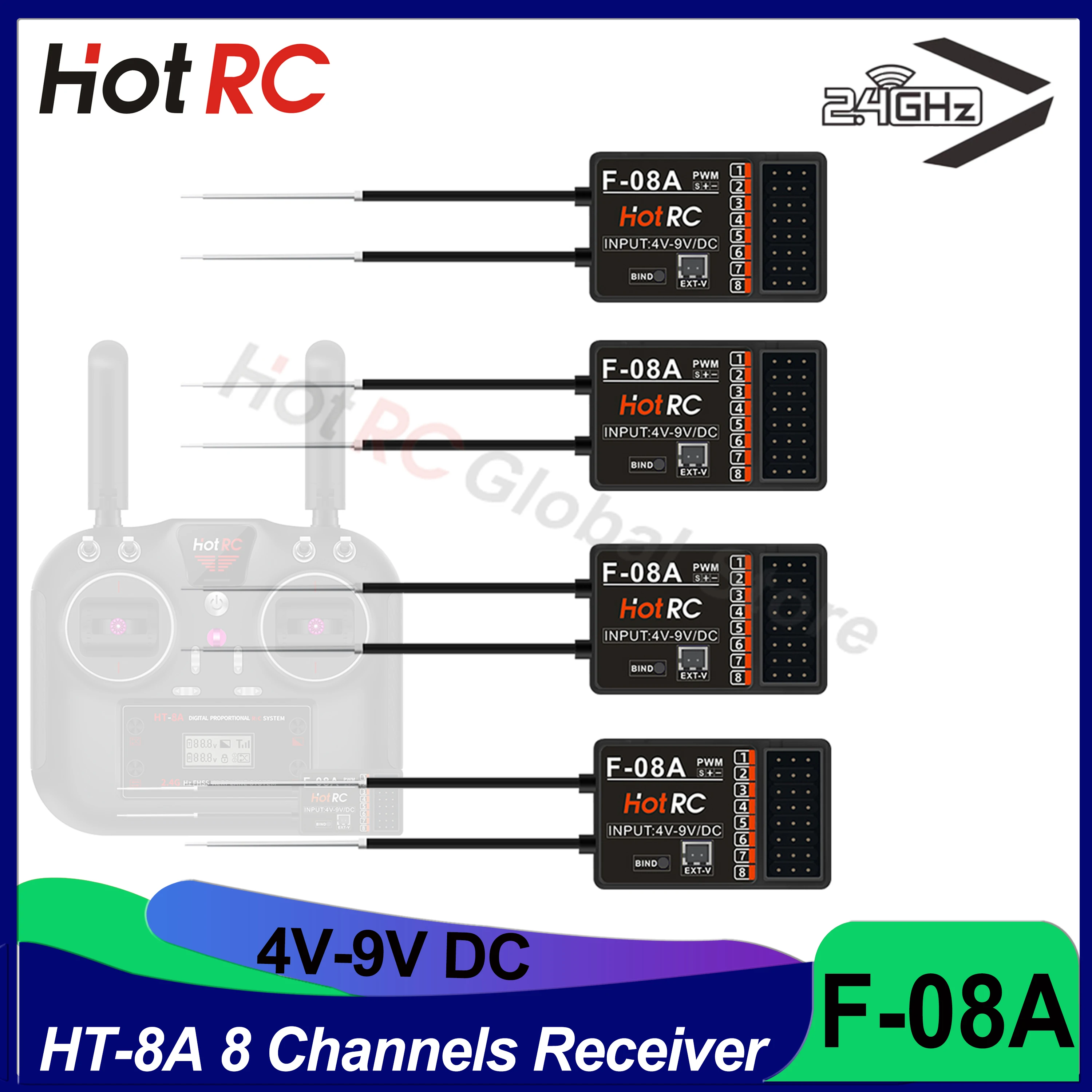 HOTRC Model bagian 8 saluran, kontrol campuran penerima fungsi 4-9v DC F-08A untuk HT8A kontrol Radio RC Pesawat Drone