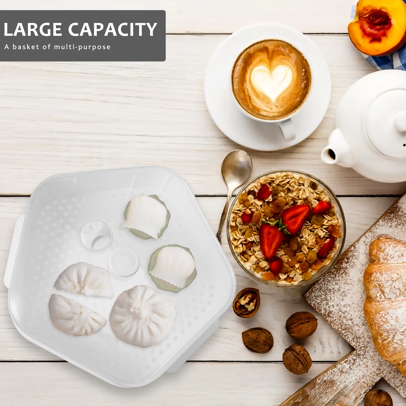 

Plastic Steamer with Lid Large Capacity Food Grade PP Kitchen Storage Container Oil Splashing Prevention Vent Holes for Rice