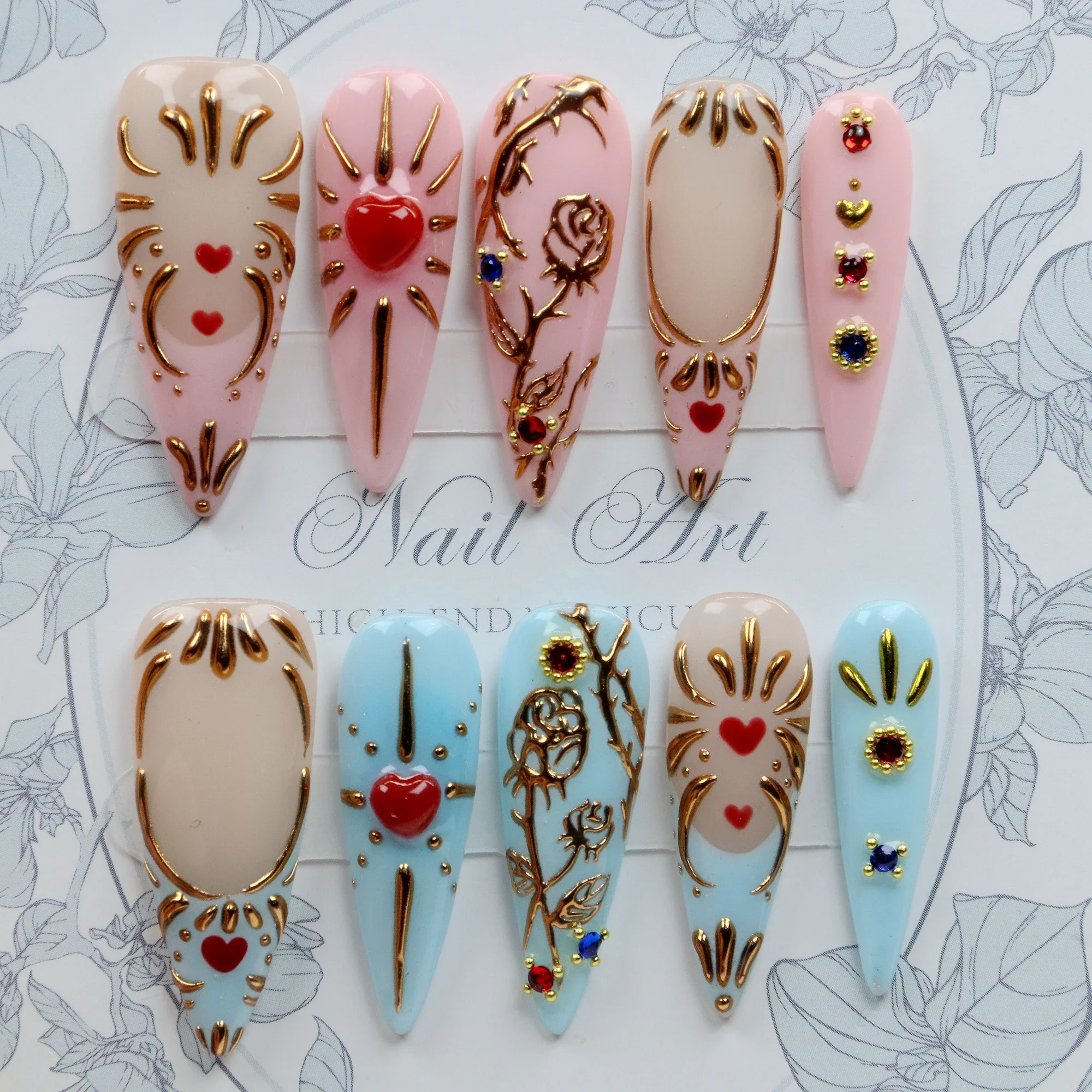 10Pcs 3D beautiful handmade Manicure Long Stiletto Press On Nails, Acrylic Fake Handpainted Custom Design Adhesive Nail File Set