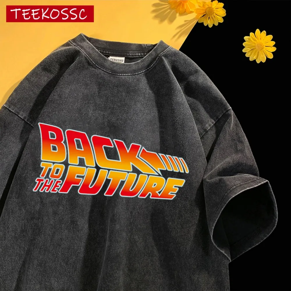 العودة إلى المستقبل نمط غسلها تي شيرت الرجال عادية تنفس تي شيرت للجنسين موضة ريترو غسلها Shortwear فضفاض قطنية عالية الجودة