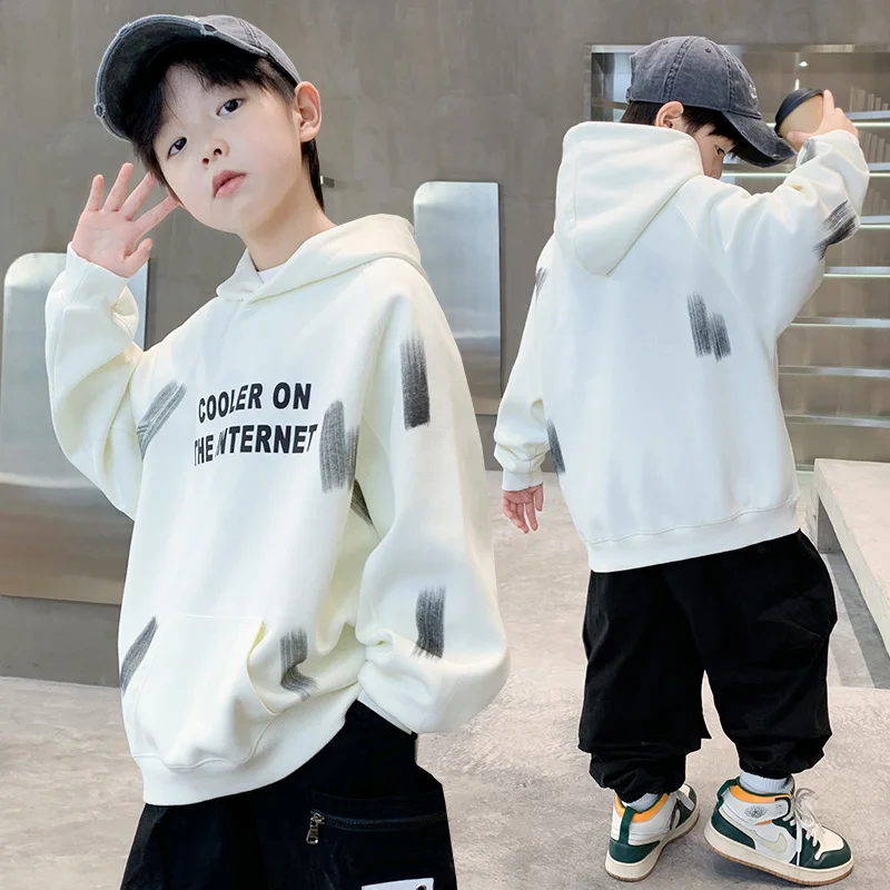 

New Spring Kids Casual Hooded Clothes for Boys Letter Print Thick Hoodie Sweatshirt Children Cotton Long Sleeve Outerwear 5-14 T