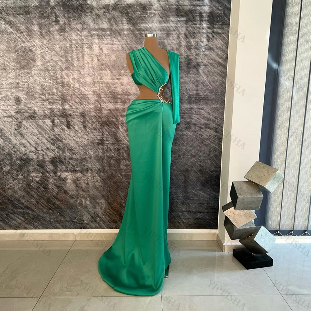 Customized Modern Green Mermaid Formal Evening Dresses One-Shouler Beading Crystal Sweep Train Pleat Sexy Long Prom Gown Simple