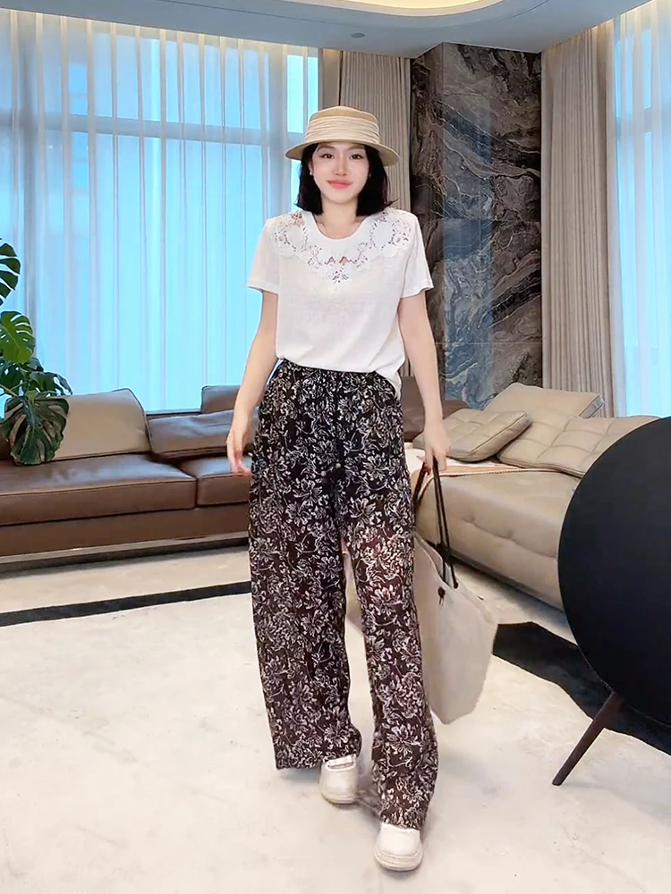 

Модные брюки с высокой талией, прямые, из смесовой ткани, с цветной вязаной вышивкой, стройнящие, удлиненные, летние, для кондиционированных помещений...