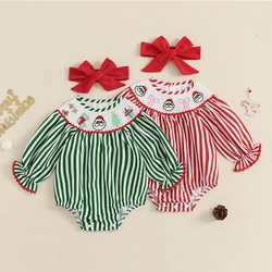 Baby Girl Christmas Smocked Santa Bubble Romper Retro Striped Bodysuit Bow 2Pcs Cute 1st Xmas Gift Going Home Photos