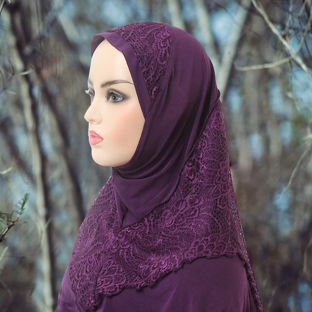 Women One Piece Lace Muslims Hijab Cap With Lace Plain Color Pre-Tied Lace Scarf Shawl Breathable Comfy Headwear For Women Girls