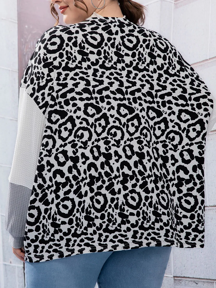 2024 Hot-selling New Plus Size  Jacket Medium and Long V-neck Loose Contrast Color Leopard Stitching Long-sleeved Jacket