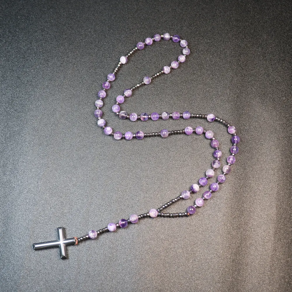 Natural Amethyst String Beads Necklace For Women Catholic Christ Rosary Necklaces Men Hematite Crosses Pendant Necklace Jewelry