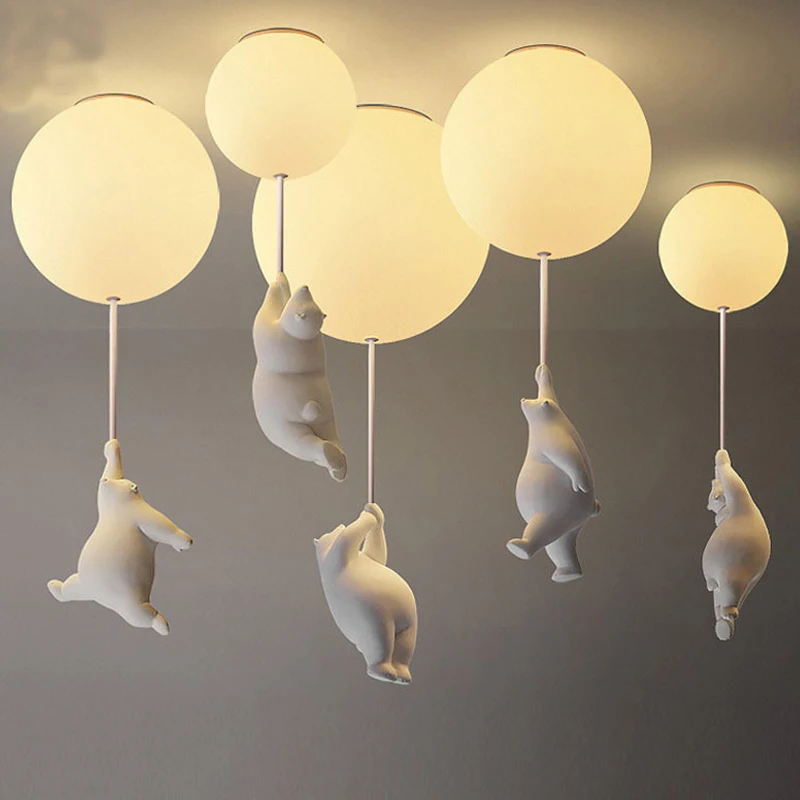 Cartoon Bear LED Ceiling Lights Glass Ball Pendant Lamps Kids Bedroom Nursery Creative Polar Bear Theme Hote Balloon Lighting