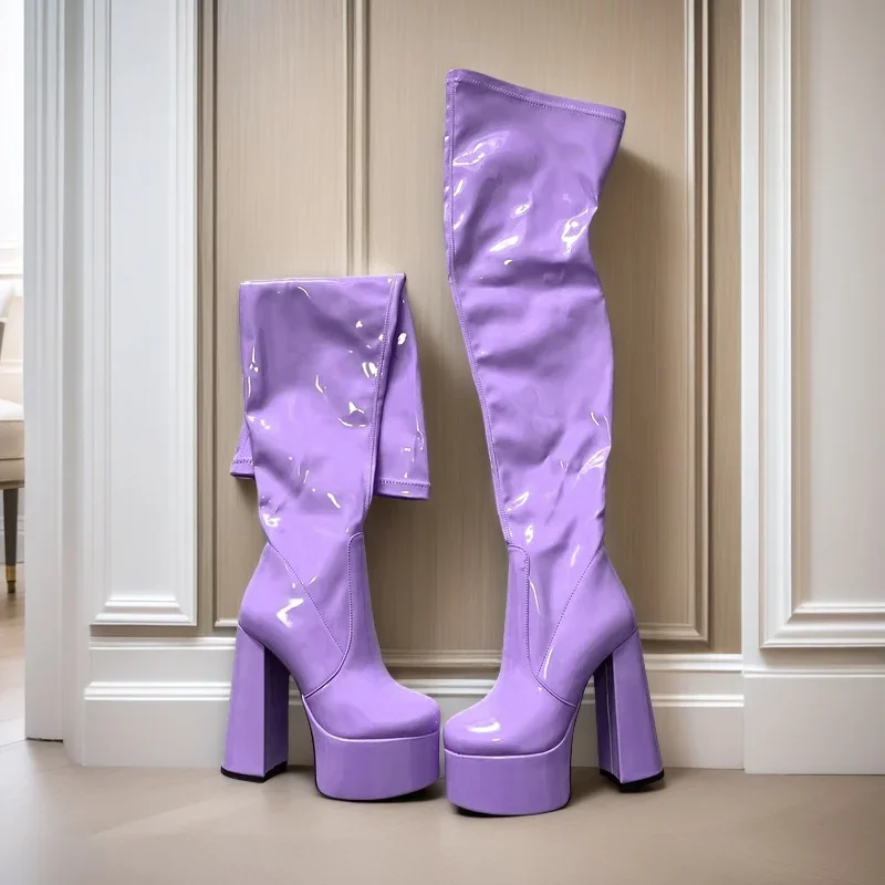 Ladies' Patent Leather High Heels Thick Sole Fashion Side Zipper Knee High Boots European and American Sexy Stage Walking Shoes - Image 3