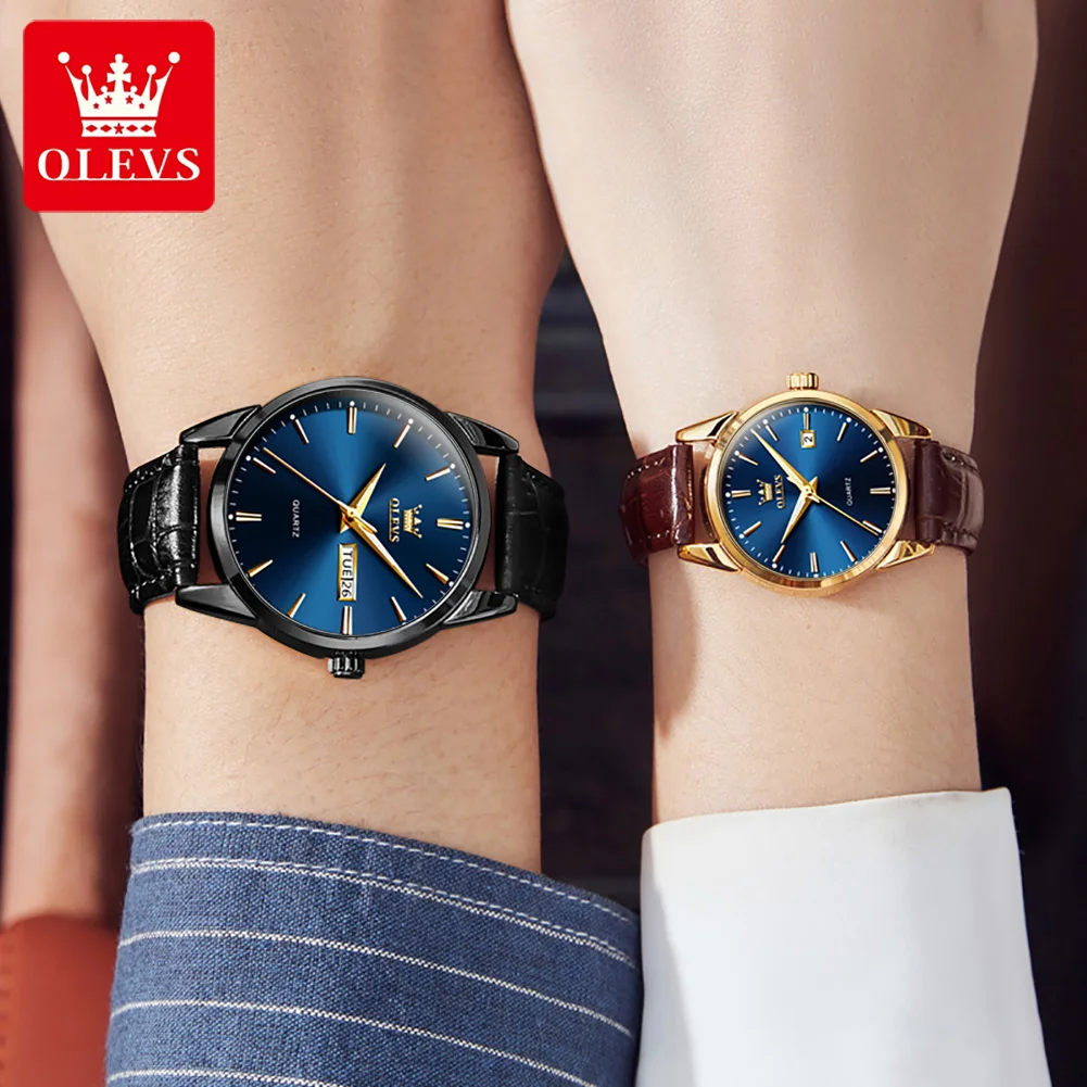 OLEVS-Casal impermeável relógios de pulso, requintado relógios Quartz, calendário luminoso, PU Strap, alta qualidade, moda, 6898