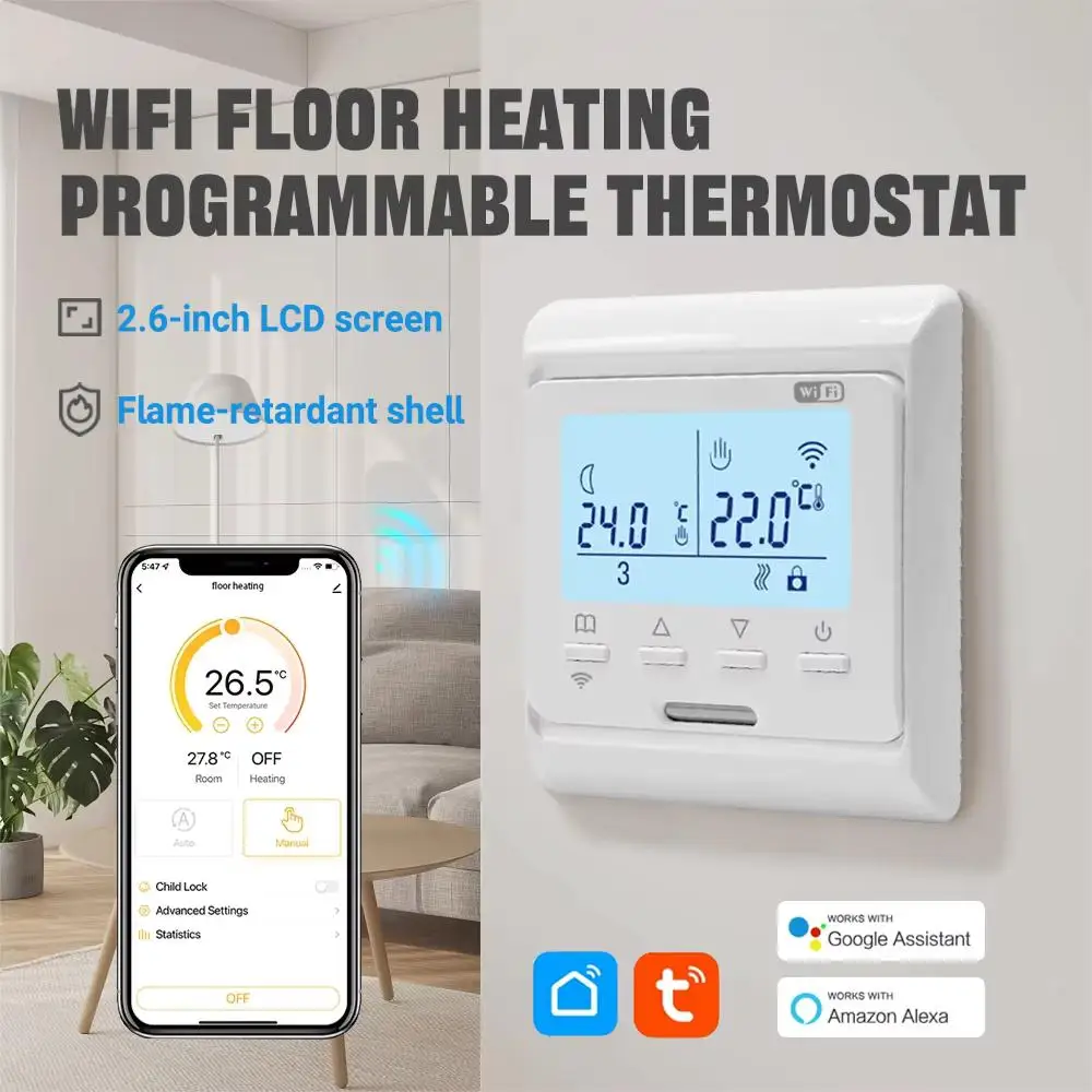 Digital WiFi Thermostat AC100V-240V 3A 16A for Underfloor Heating with LCD Display and Voice Control via Alexa Google Assistant