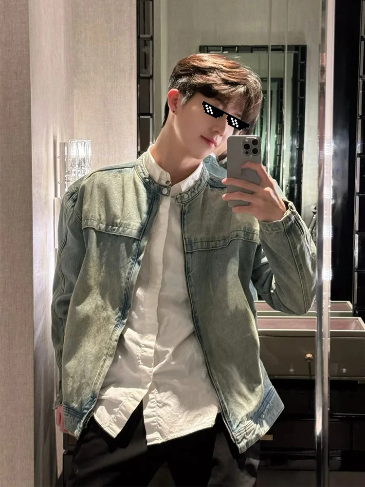 

Мужская джинсовая куртка Unique ort, длина до плеч, в американском ретро-стиле, без воротника, с лоскутным узором, декорированная молнией, приталенная, из хлопка...