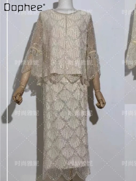 

Elegant Graceful Socialite Beaded Womens Set Heavy Sequins Rhinestones Lace Top High Waist Slim A-line Skirt Two-piece Set Women