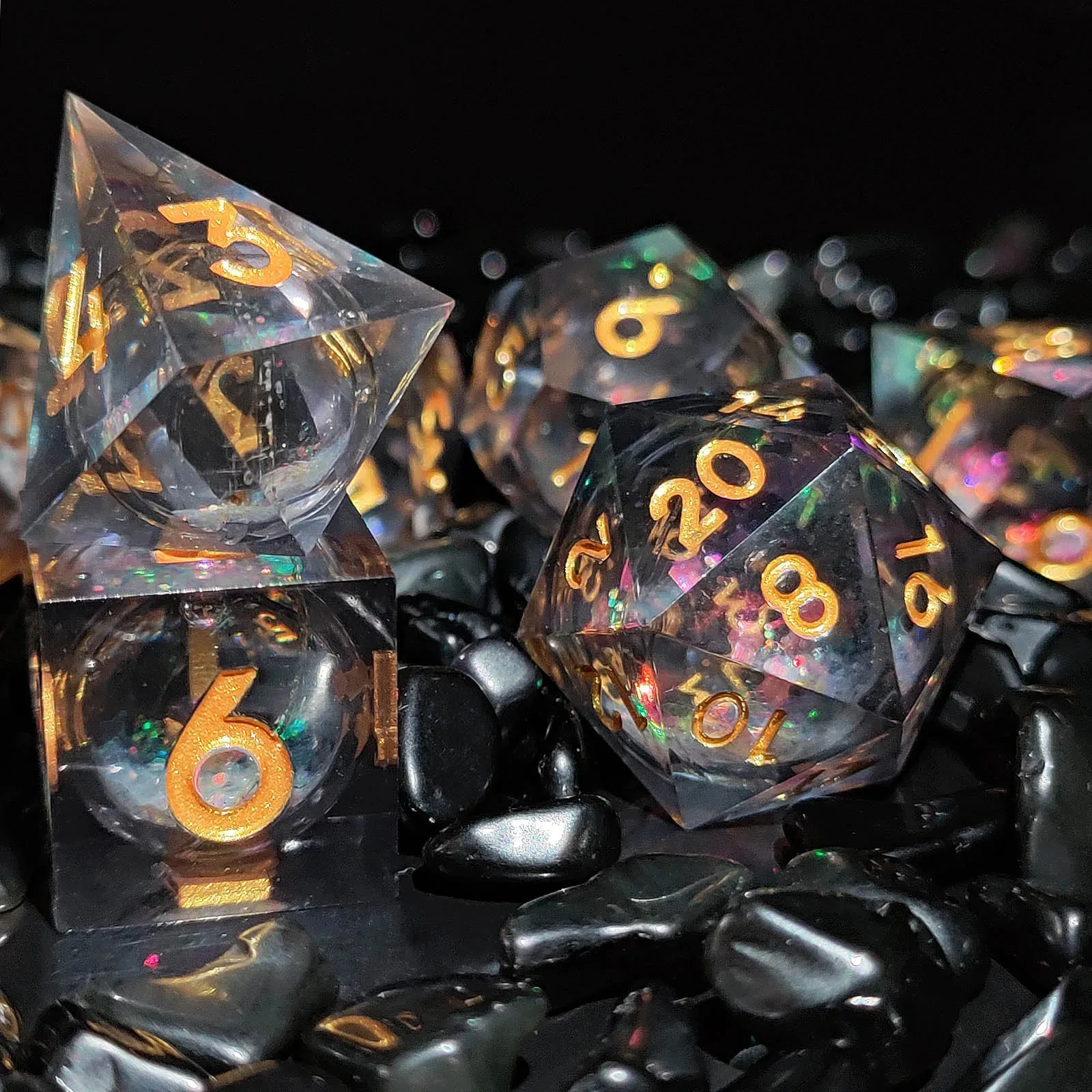 7pcs Black Golden Quick Sand Resin DND Sharp Edge Dice Set for Dungeon and Dragon RPG Board Game Role-playing D&D Dice D4 D6~D20