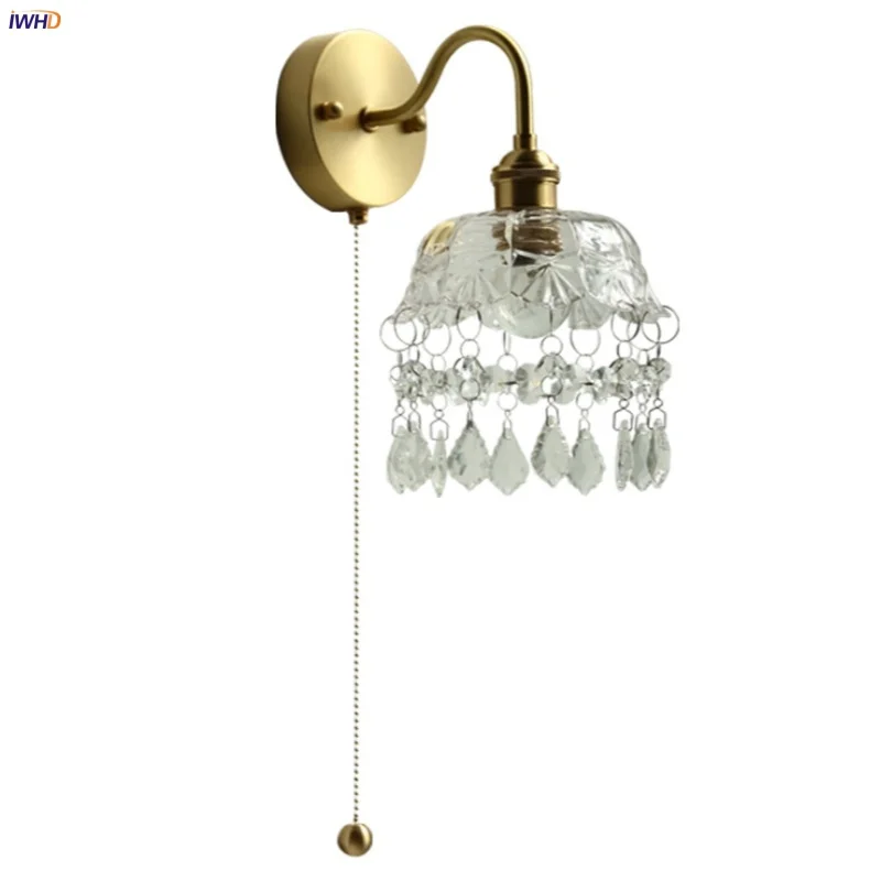 

IWHD Nordic Modern LED Wall Light Fixture Pull Chain Switch Coffee Hallway Crystal Copper Glass E27 Bedside Lamp Applique Murale