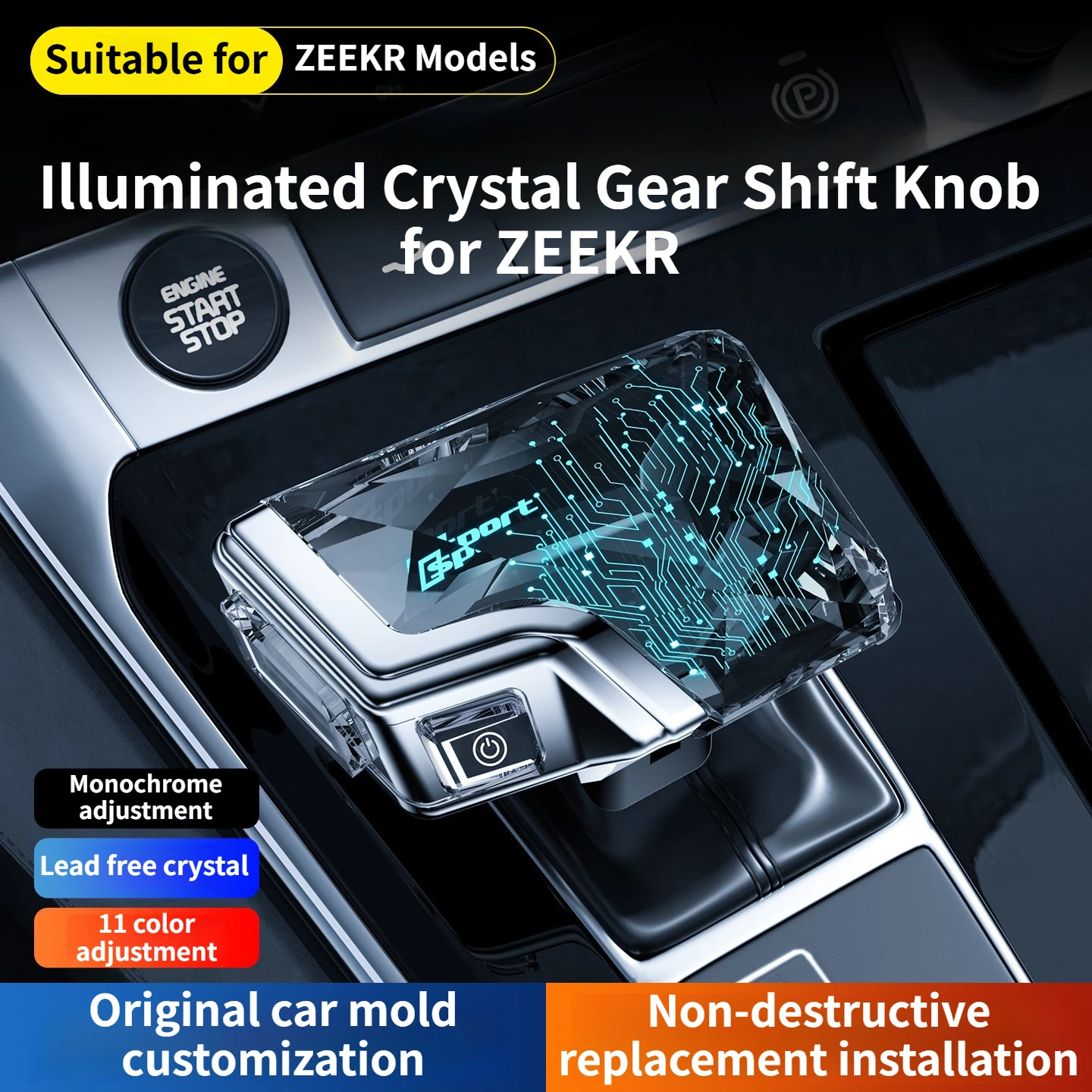 

Crystal Gear Handle For ZEEKR 001 009 2021-2026 Crystal Car Central Control Gear Shift Knob LED Ambient Light Interior Upgrade