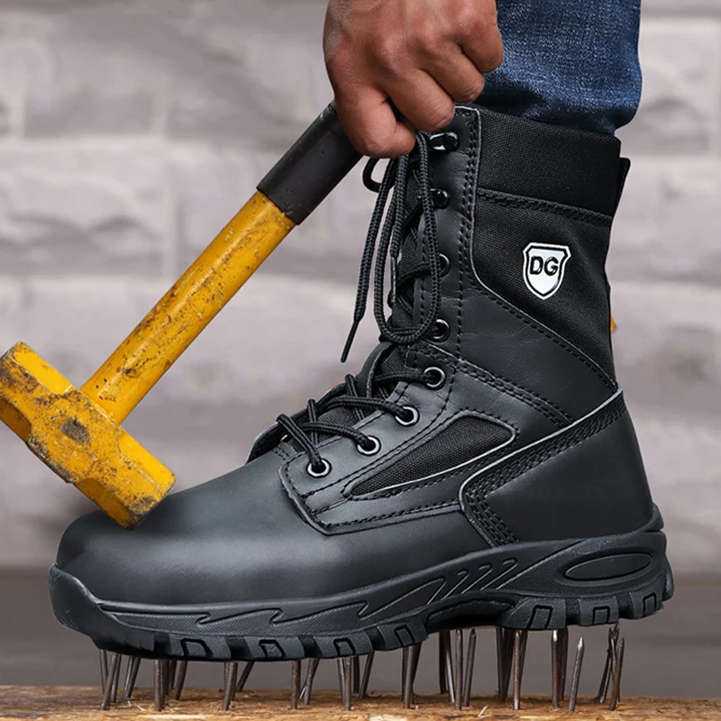 Black High Top Leather Boots Men Indestructible Shoes Anti-Smash Anti Puncture Work Boots Safety Shoes Men Boots Protection Shoe