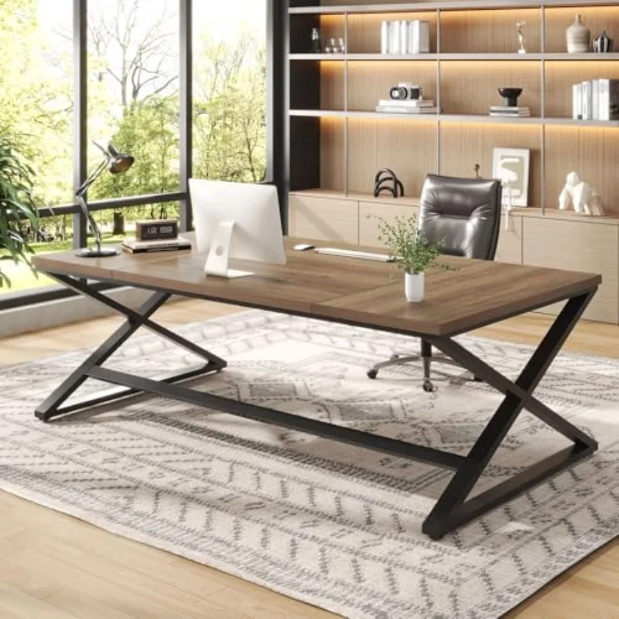 

Очень длинный компьютерный стол 78,7 дюйма из дерева и металла для домашнего офиса, кабинета, письма, в стиле рустик, дуб, фермерский стиль, широкий, для двух ПК, для игр и работы