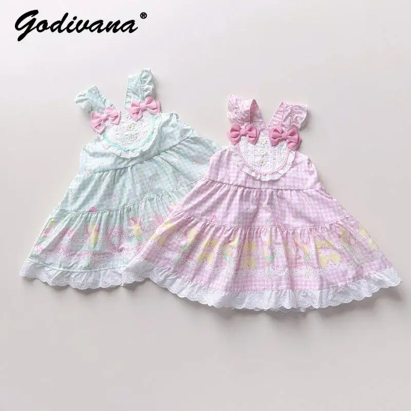 Japanese Baby Girls Pure Cotton Tank Dress Kids Spring and Summer New Lace Trim Sweet Bow Cartoon Rabbit Print Princess Dress