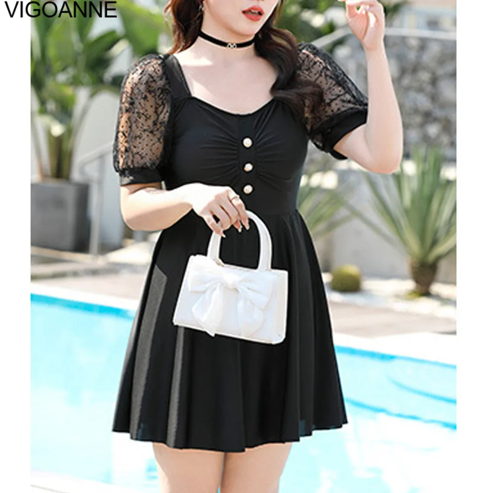 VigoAnne 2025 Plus Size Dress Swimwear Women Lace Short Sleeve One Piece Swimsuit Lady Korean Monokini Beach Big Bathing Suit