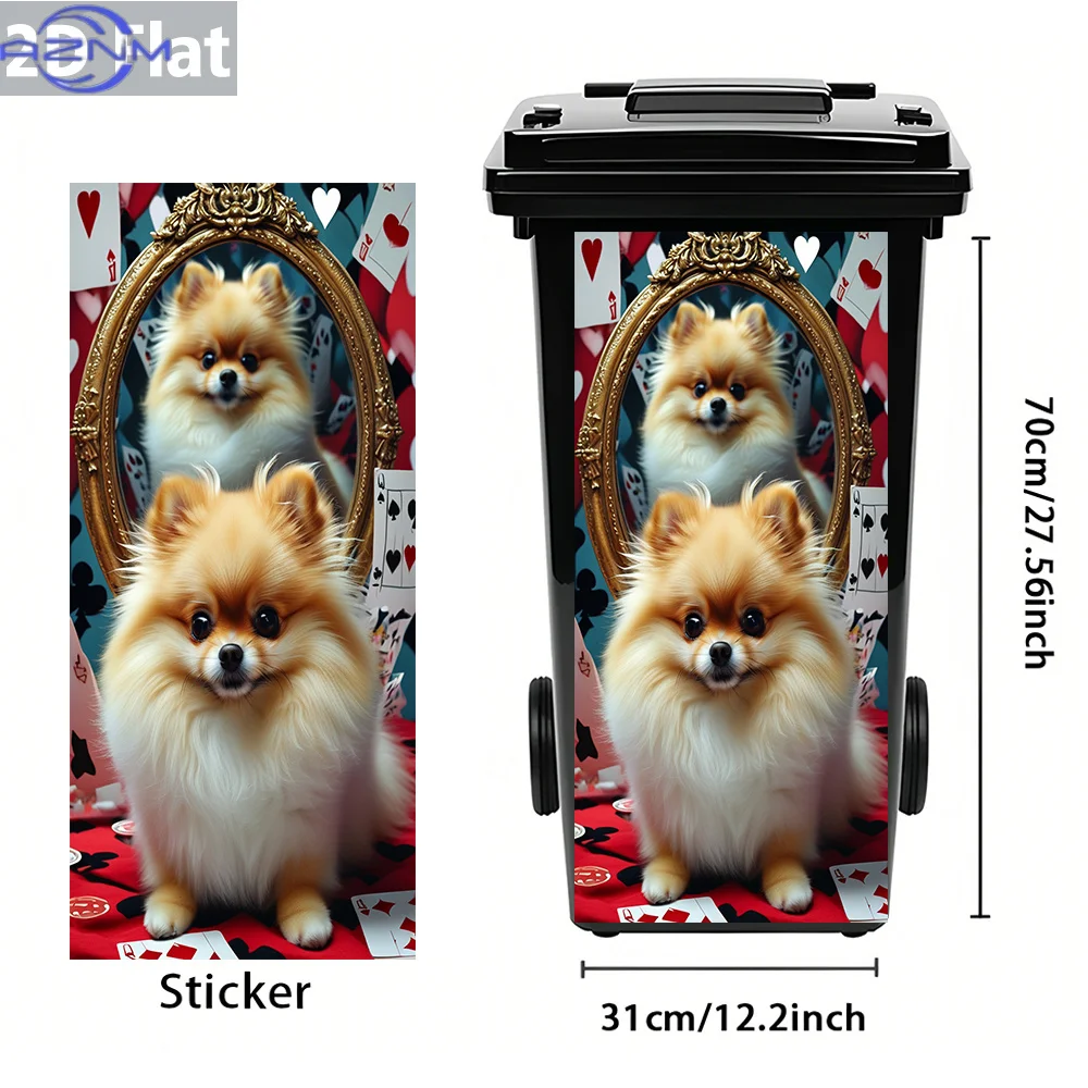 1pc 2D Flat Pomeranian Puppy with Vintage Mirror and Playing Cards Trash Can Sticker – Self-Adhesive Waterproof PVC Decal for