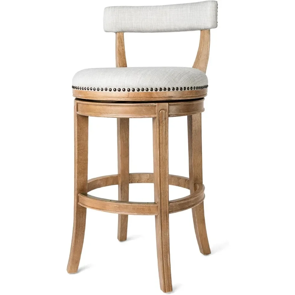 31 Inch Tall Bar Height Rotating Low Back Barstool in Weathered Oak Finish with Sand Color Fabric Upholstered Seat, Barstool