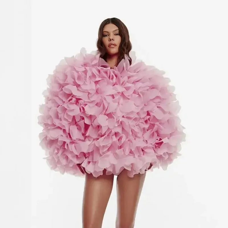 

Fluffy Pink Blouse Women Jacket with Ruffle Sleeves Photography Fashion Female Top Organza Layered