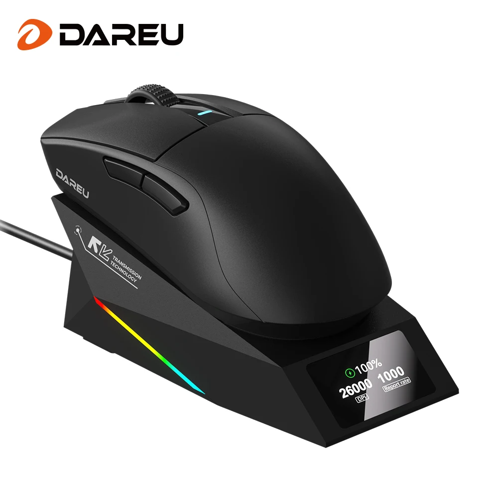 Mouse Sem Fio DAREU A950GD PAW3395. Huano MicroSwitchs 500Mah Base de Carregamento Com Tela
