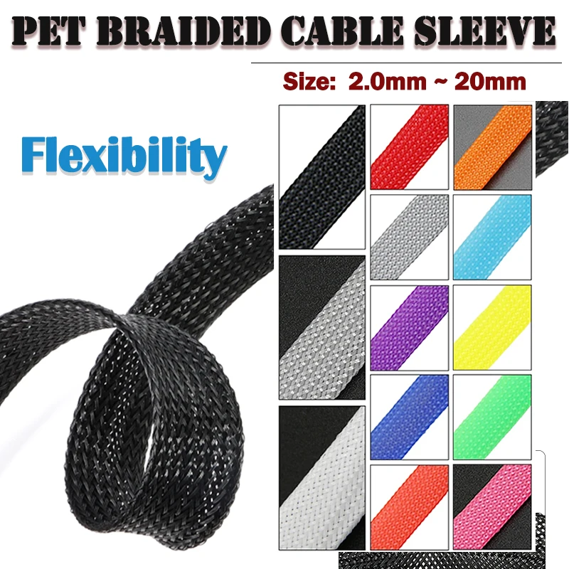 

1/5m PET Expandable Braided Cable Sleeve 2 4 6 8 10 12 16 20mm Tight High Density Insulated Line Protection Wire Wrap Sheath