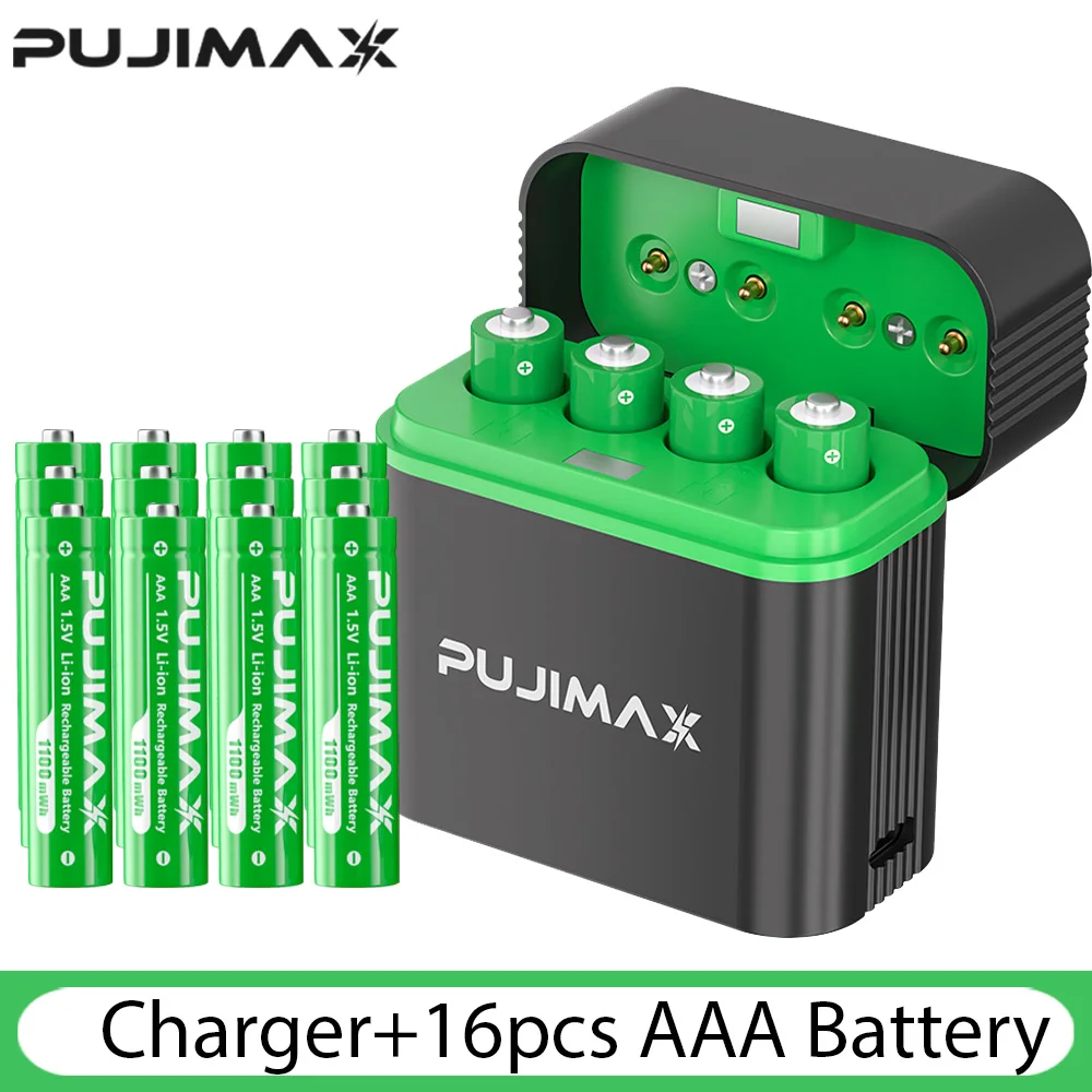 PUJIMAX 1,5 V AAA 1100 mWh oplaadbare lithium-ionbatterij met slimme batterijlader SET batterijen individueel beschikbaar