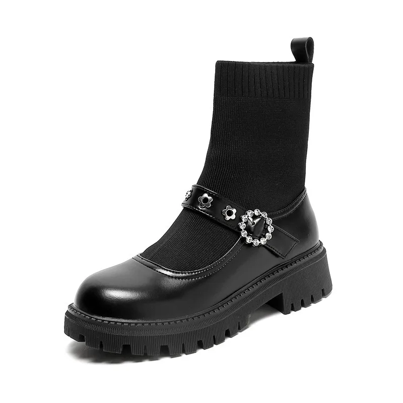 

Spring Autumn Tide Black Mid-Tube Boots Shoes For Woman New Fake Two-Piece Long Socks Boots Thick-Soled Leather Stitching Boots